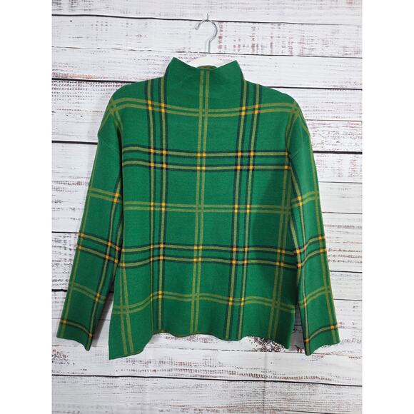 TAHARI Women's Plaid Mock Neck Sweater Green Yellow Tartan Long Sleeve size M - Picture 1 of 4
